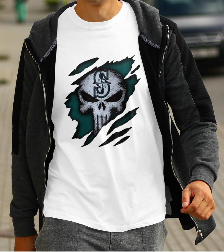 Seattle Mariners Punisher Skull Grunge Tear Effect T-Shirt