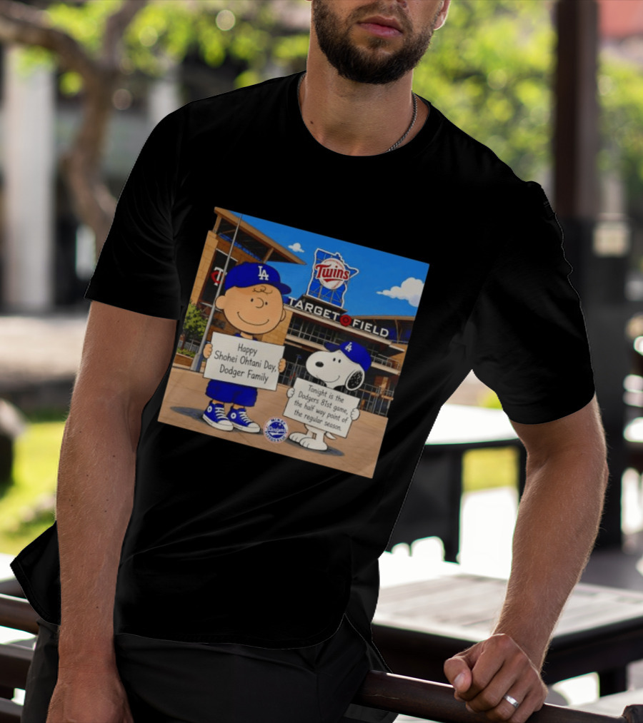 Snoopy And Charlie Brown Happy Shohei Ohtani Day Dodgers Twins Target Field T-Shirt