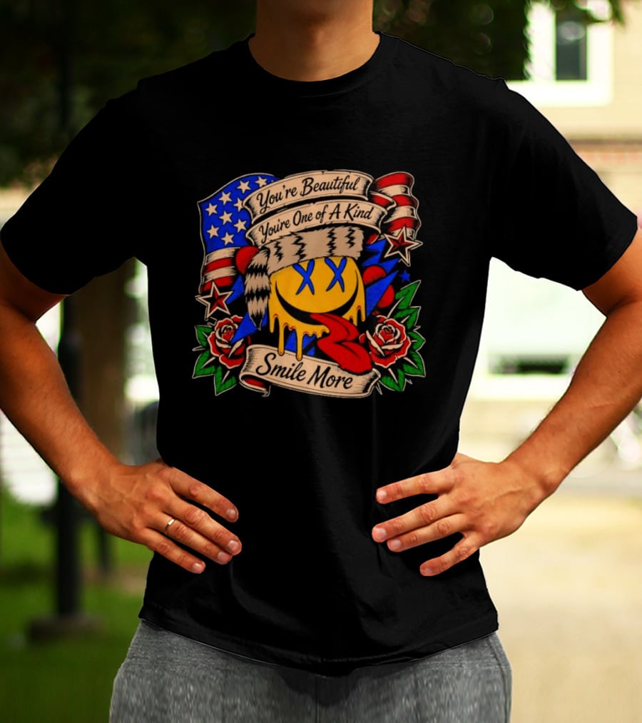 Smile More You're Beautiful You're One Of A Kind American Flag Roses Smiley Face T-Shirt