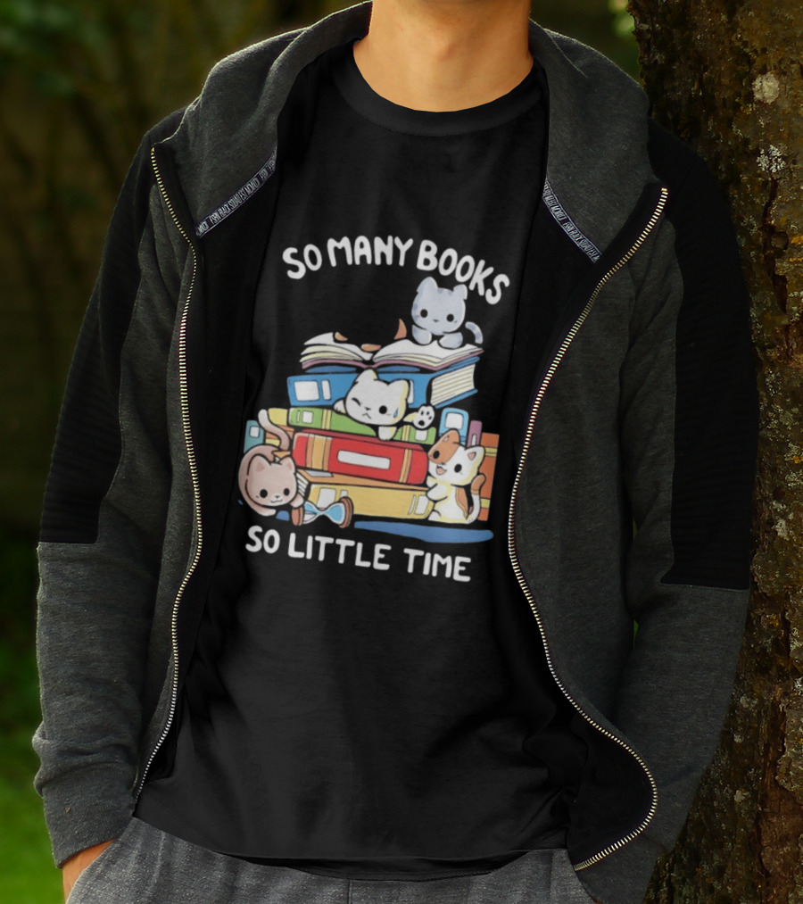 Whimsical Cartoon So Many Books So Little Time Cats Reading T-Shirt