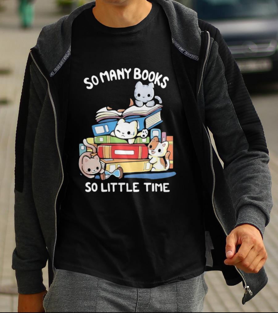 Whimsical Cartoon So Many Books So Little Time Cats Reading T-Shirt