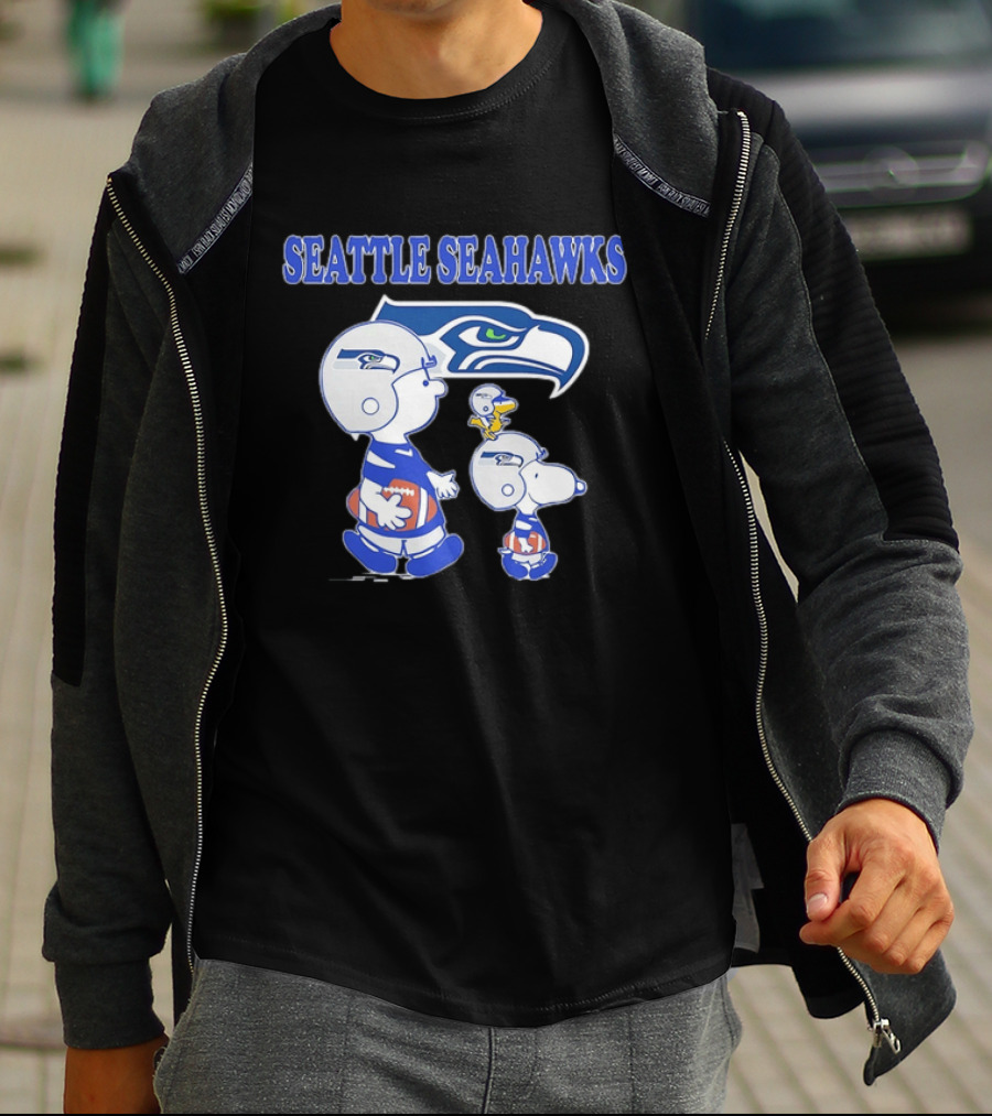 Peanuts Charlie Brown Snoopy Woodstock Playing Football Seattle Seahawks T-Shirt