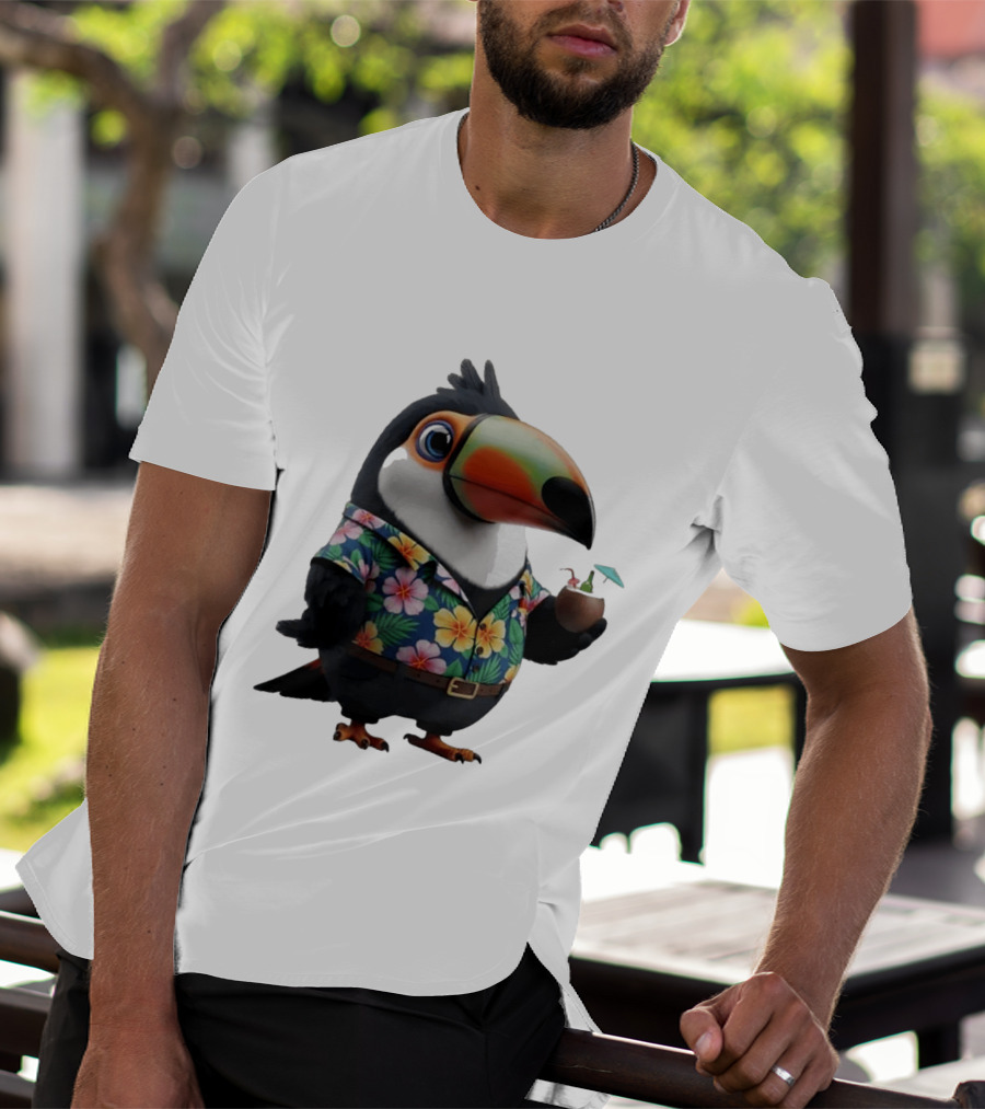 Cartoon Toucan In Hawaiian With Tropical Coconut Drink T-Shirt