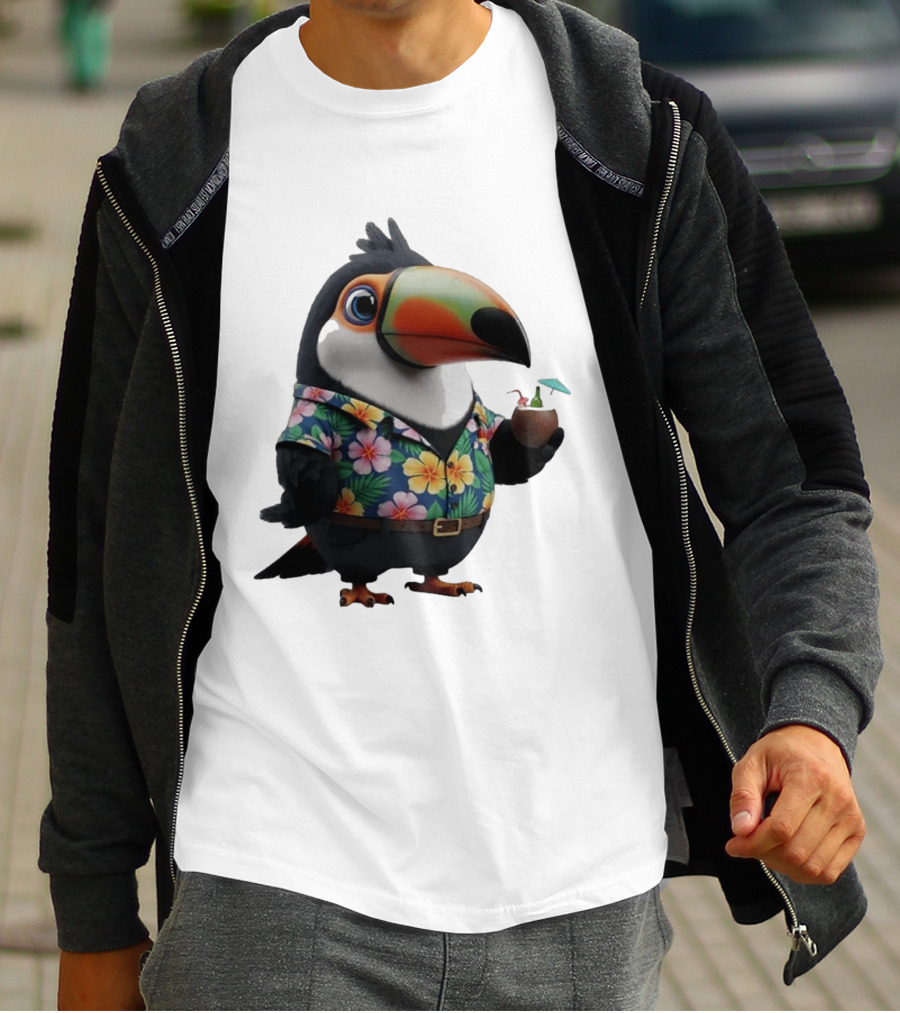 Cartoon Toucan In Hawaiian With Tropical Coconut Drink T-Shirt