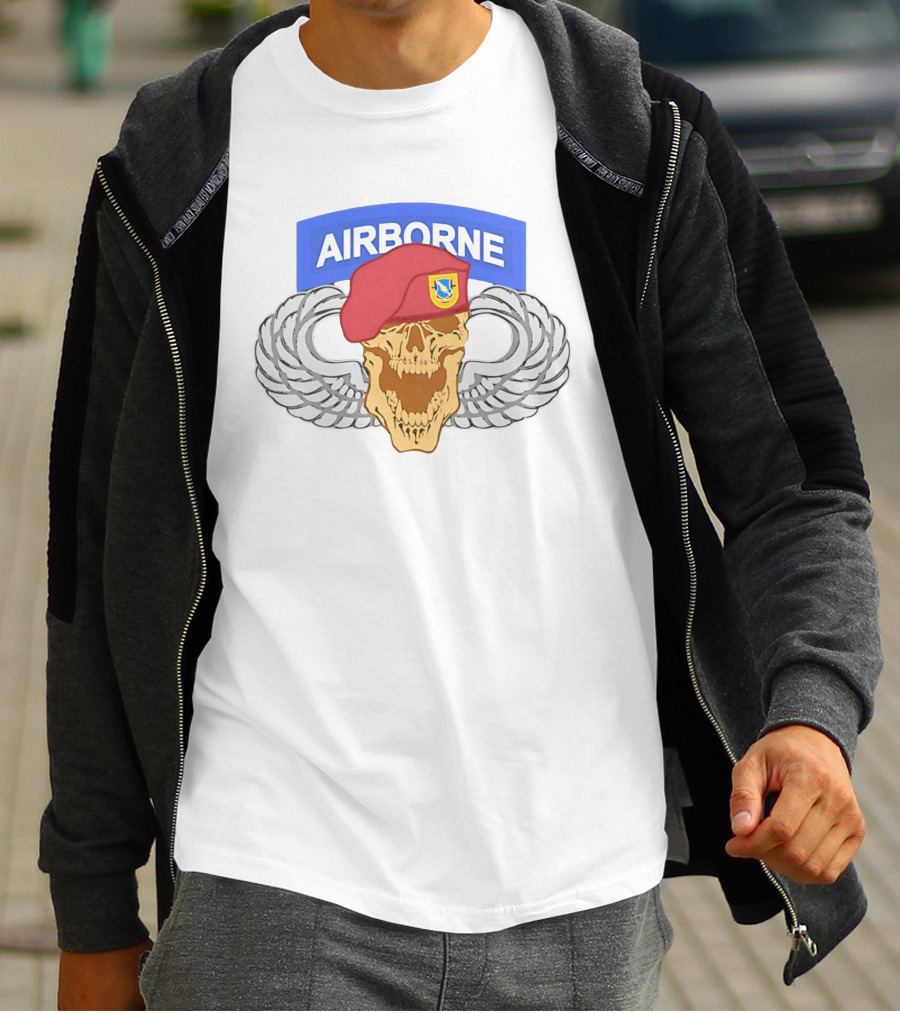 Airborne Skull Maroon Beret Parachutist Wings T-Shirt