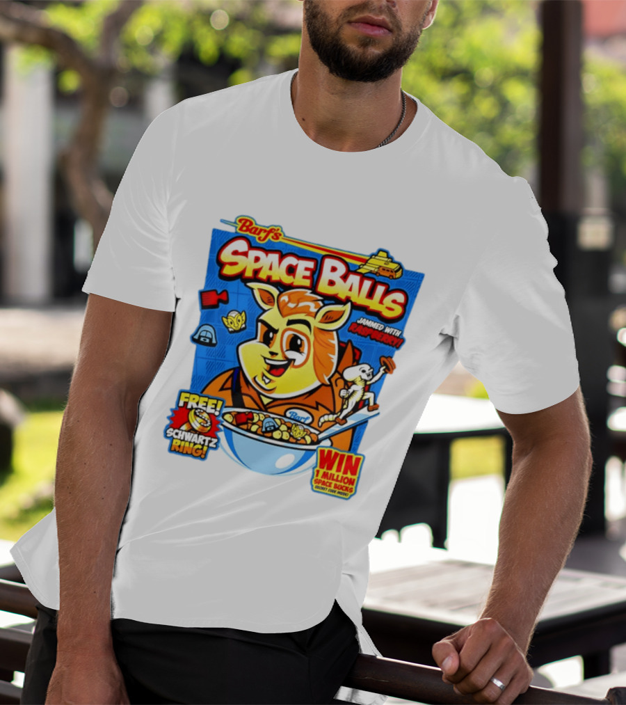 Barf Space Balls Cereal Box Jammed With Raspberry Free Schwartz Ring Win 1 Million Space Bucks T-Shirt