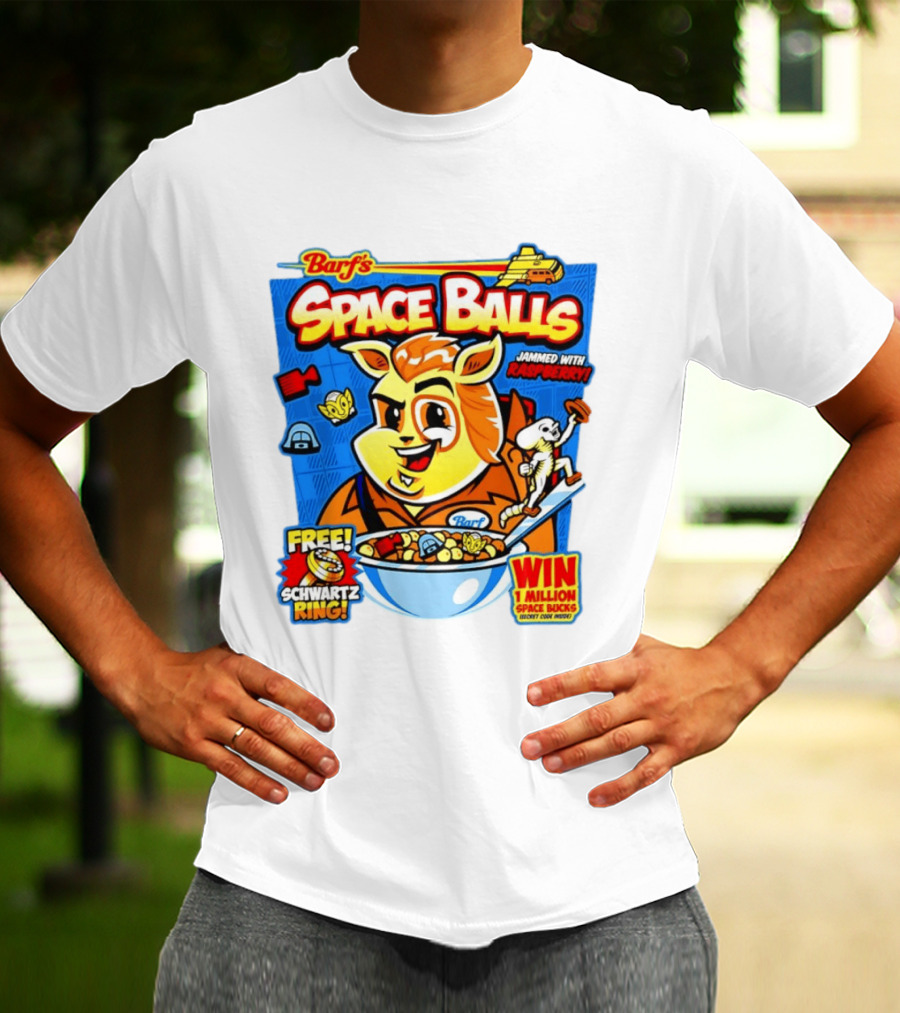 Barf Space Balls Cereal Box Jammed With Raspberry Free Schwartz Ring Win 1 Million Space Bucks T-Shirt