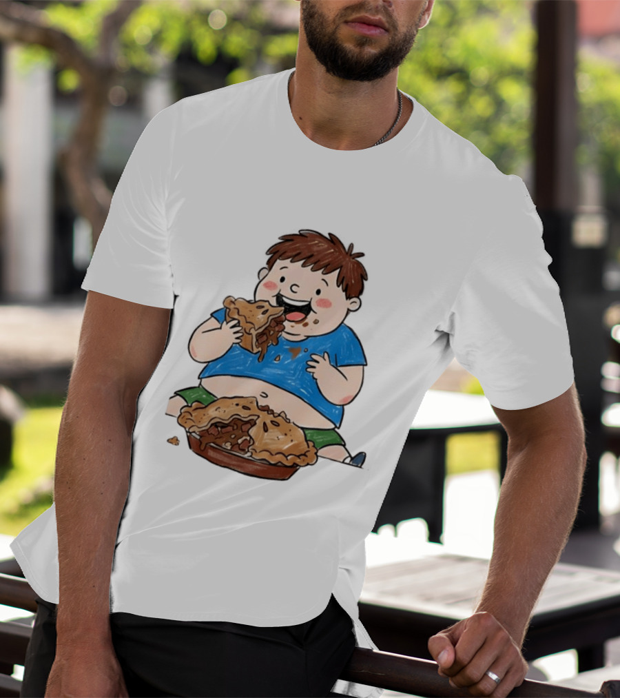 Funny Eating Pies Cartoon Boy Indulging In Delicious Pastry T-Shirt