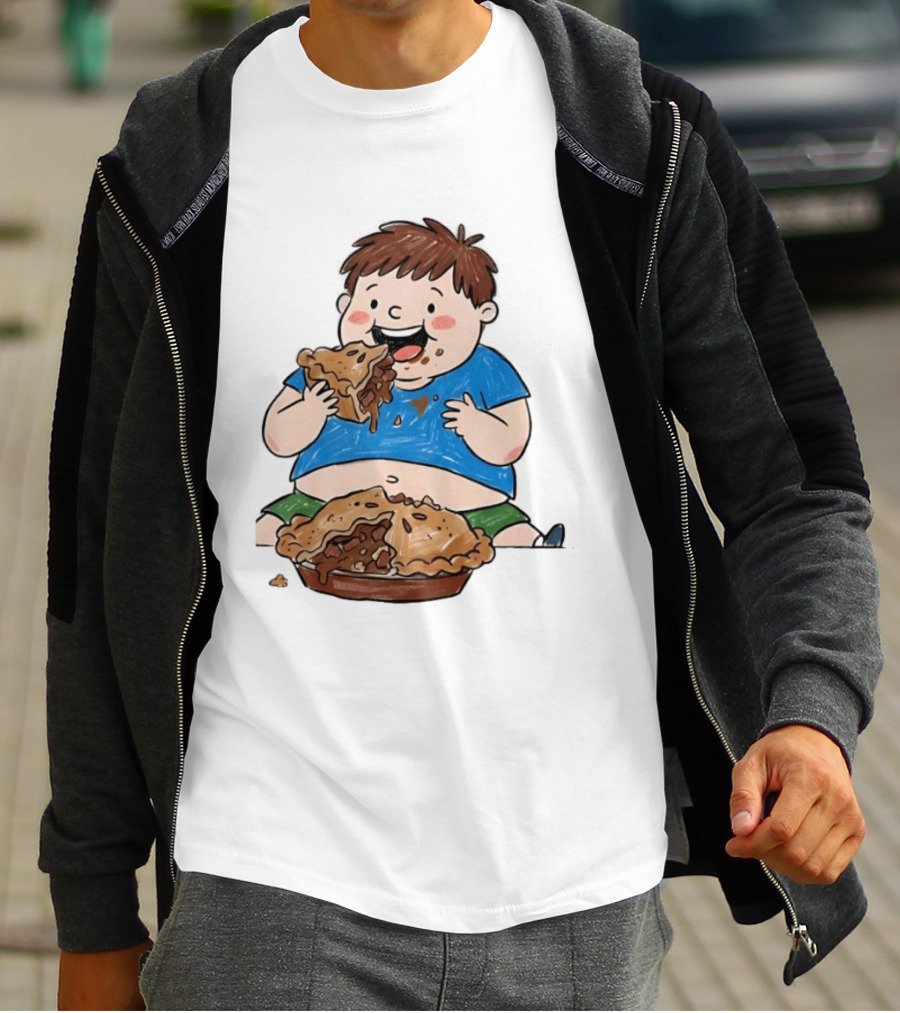 Funny Eating Pies Cartoon Boy Indulging In Delicious Pastry T-Shirt