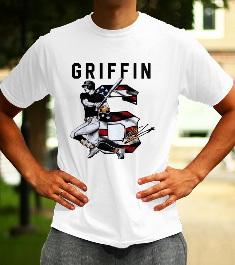 Griffin Baseball Player Swinging Bat American Flag Number 6 T-Shirt