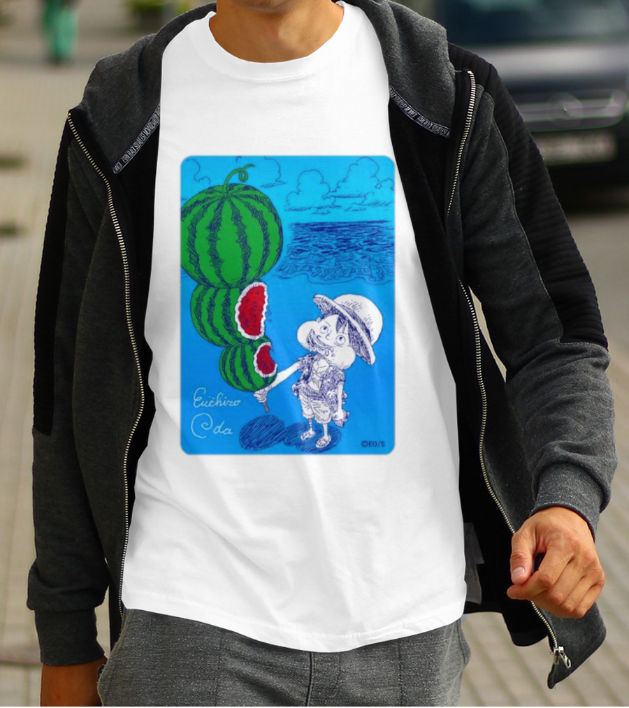 Monkey D Luffy Watermelon Eating Art By Eiichiro Oda One Piece Ocean Scene T-Shirt