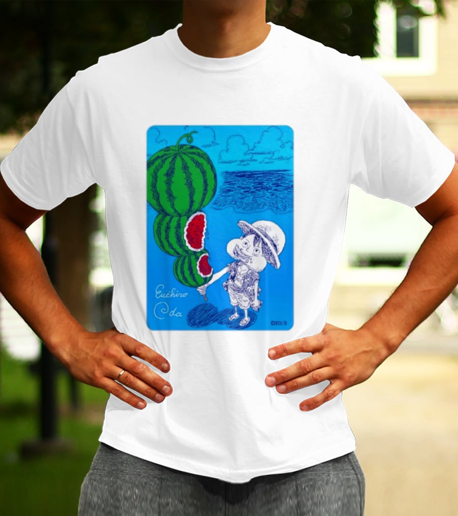 Monkey D Luffy Watermelon Eating Art By Eiichiro Oda One Piece Ocean Scene T-Shirt