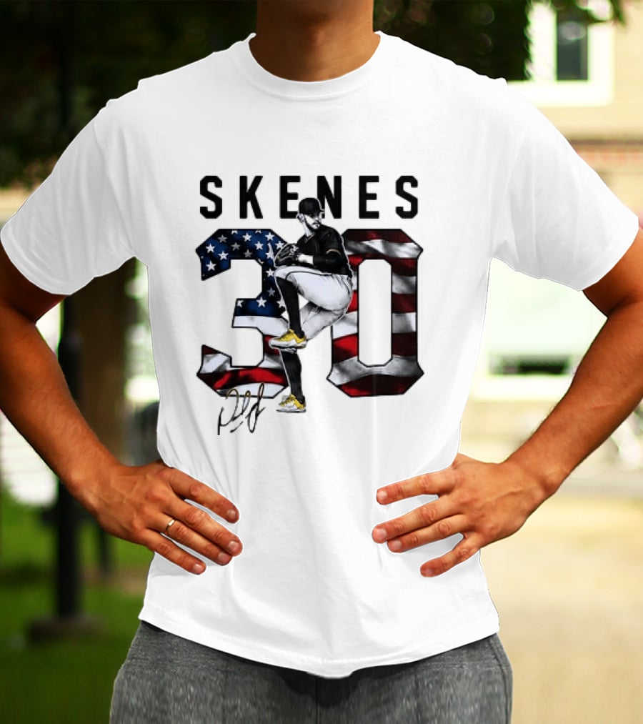 Skenes 30 Pitching Pose Pittsburgh Pirates American Flag Baseball T-Shirt