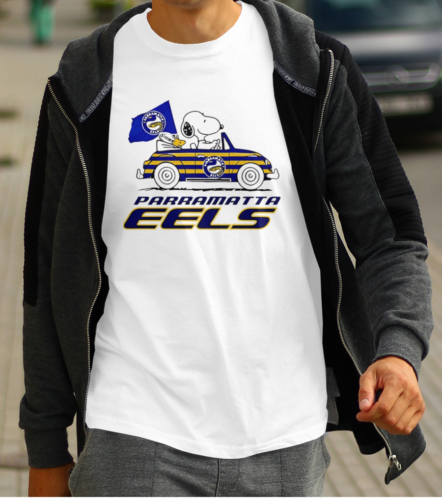 Snoopy Driving Car With Parramatta Eels Flag National Rugby League T-Shirt