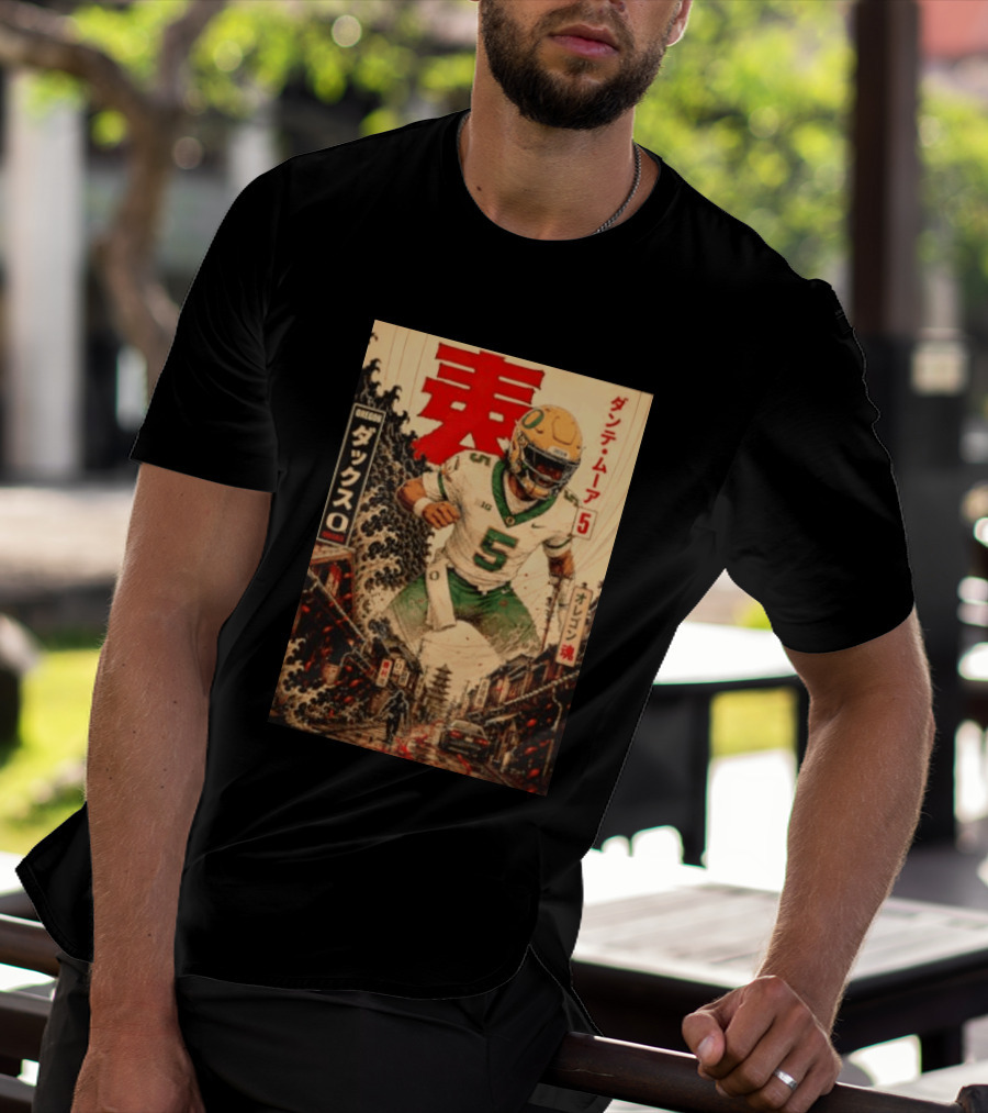 Dante Moore Number 5 Oregon Ducks Football Japanese Art Style Rugged City Scene T-Shirt