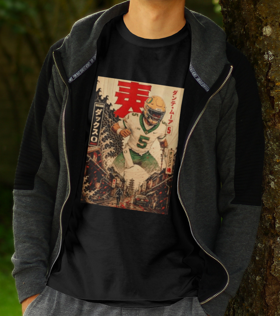 Dante Moore Number 5 Oregon Ducks Football Japanese Art Style Rugged City Scene T-Shirt
