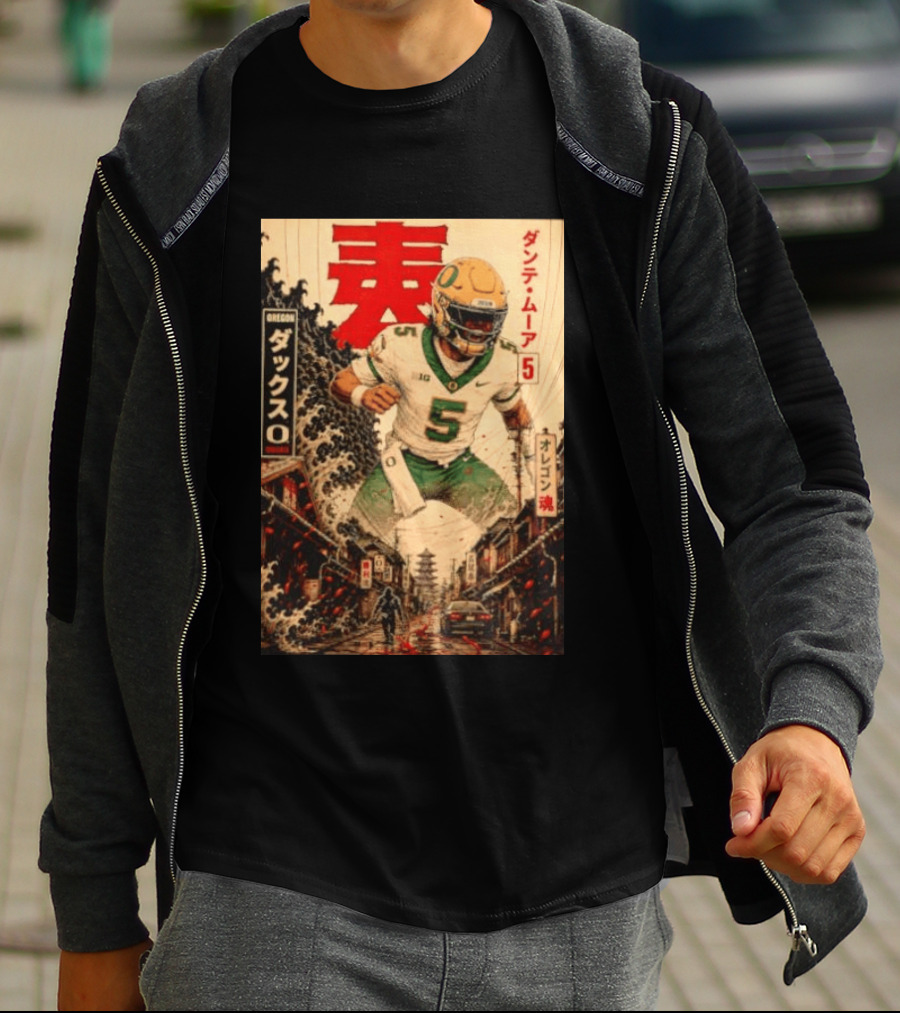 Dante Moore Number 5 Oregon Ducks Football Japanese Art Style Rugged City Scene T-Shirt
