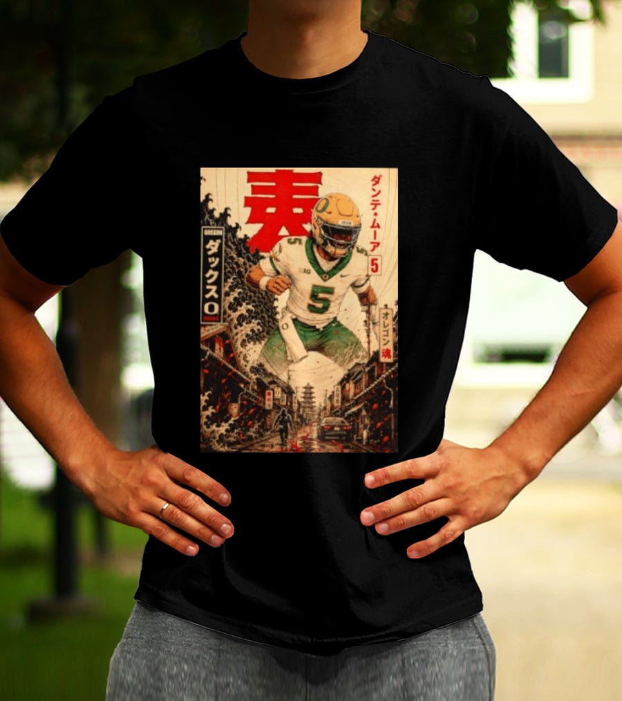 Dante Moore Number 5 Oregon Ducks Football Japanese Art Style Rugged City Scene T-Shirt