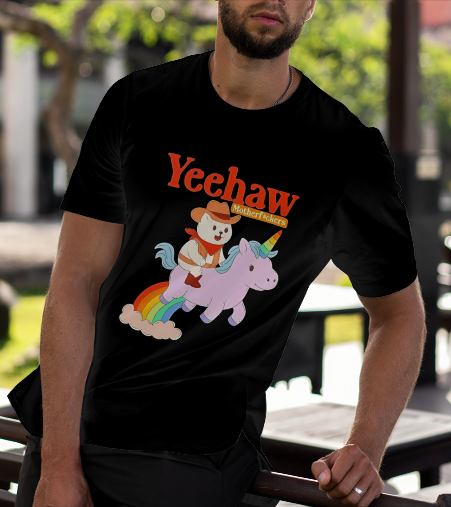 Yeehaw Motherfuckers Cat Cowboy On Rainbow Unicorn T-Shirt