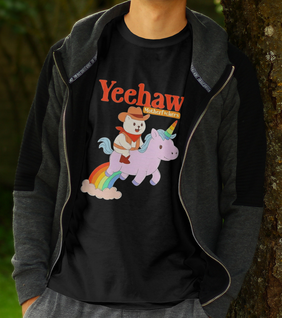 Yeehaw Motherfuckers Cat Cowboy On Rainbow Unicorn T-Shirt
