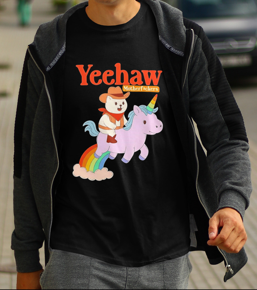 Yeehaw Motherfuckers Cat Cowboy On Rainbow Unicorn T-Shirt