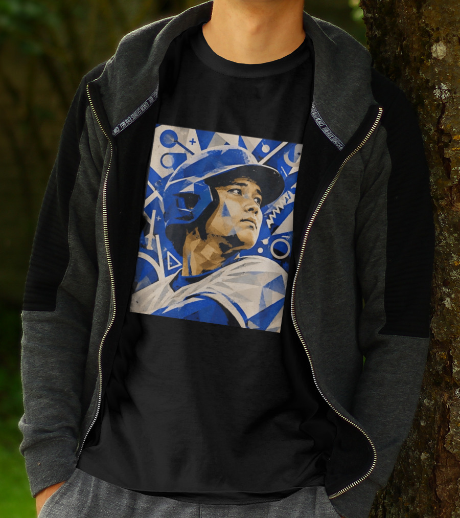 Baseball Player In Geometric Blue Abstract T-Shirt