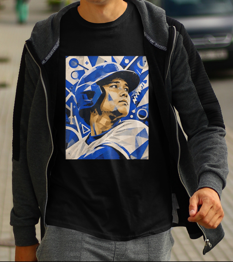 Baseball Player In Geometric Blue Abstract T-Shirt