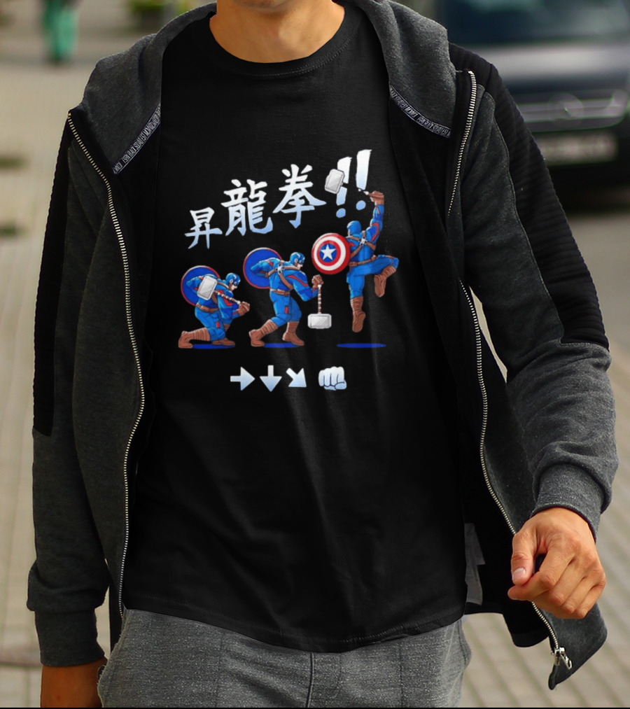 Captain America Marvel Shoryuken Combo Move Hammer And Shield Action T-Shirt