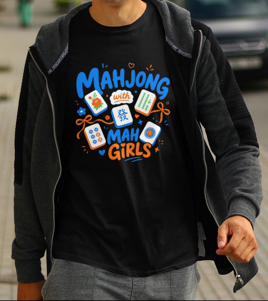 Mahjong With Mah Girls Flower And Bamboo Tiles Game Night T-Shirt