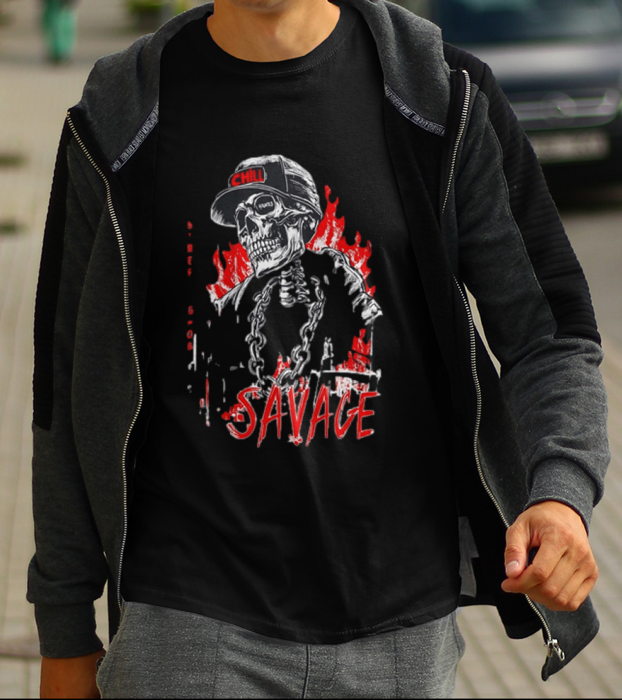 Street Ghost Chill Savage Skeleton Flames Red Black Chain T-Shirt