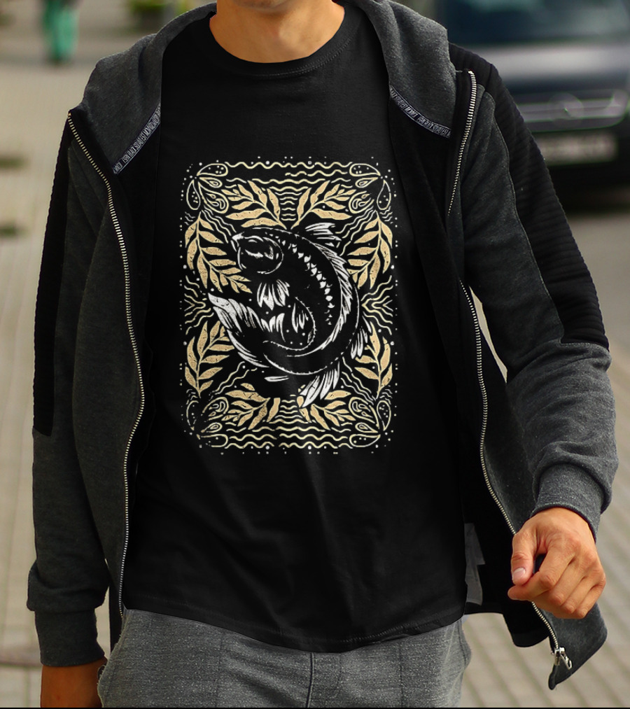 Imperial Koi Fish Artwork With Ornate Leaf Borders T-Shirt