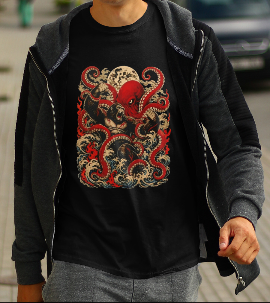 Tokyo Kaiju Octopus Vs Gorilla Battle Waves And Moon Scene T-Shirt