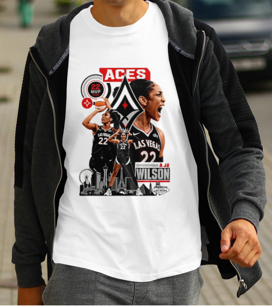 Las Vegas Aces A'ja Wilson 22 MVP Skyline Basketball T-Shirt