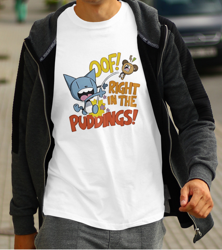 Looshkin Oof Right In The Puddings Funny Cat And Bear Cartoon Humor T-Shirt
