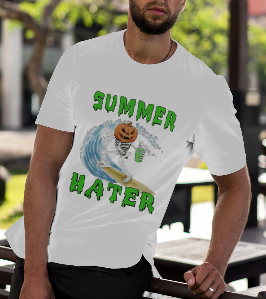 Skeleton With Pumpkin Head Surfing Wave Summer Hater T-Shirt
