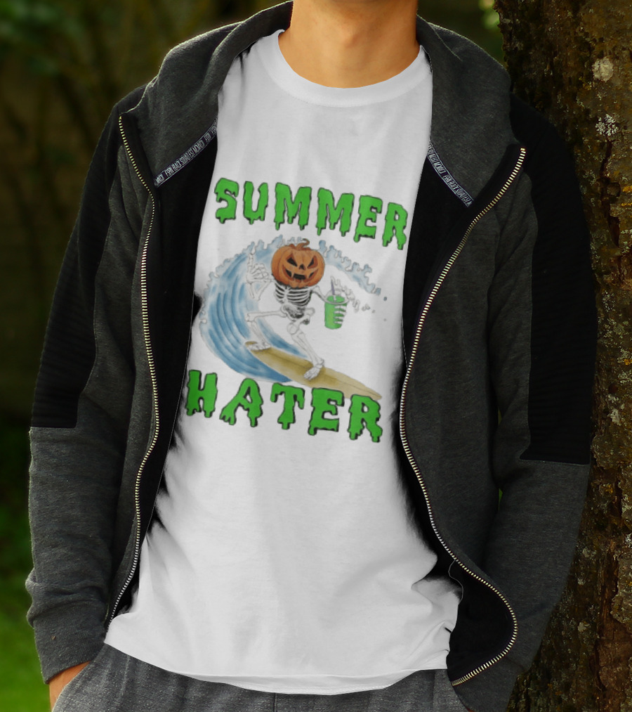 Skeleton With Pumpkin Head Surfing Wave Summer Hater T-Shirt