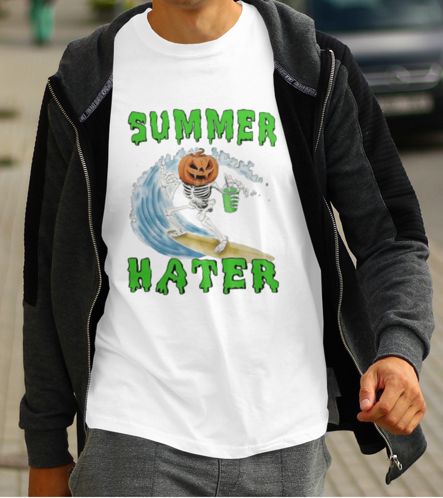 Skeleton With Pumpkin Head Surfing Wave Summer Hater T-Shirt