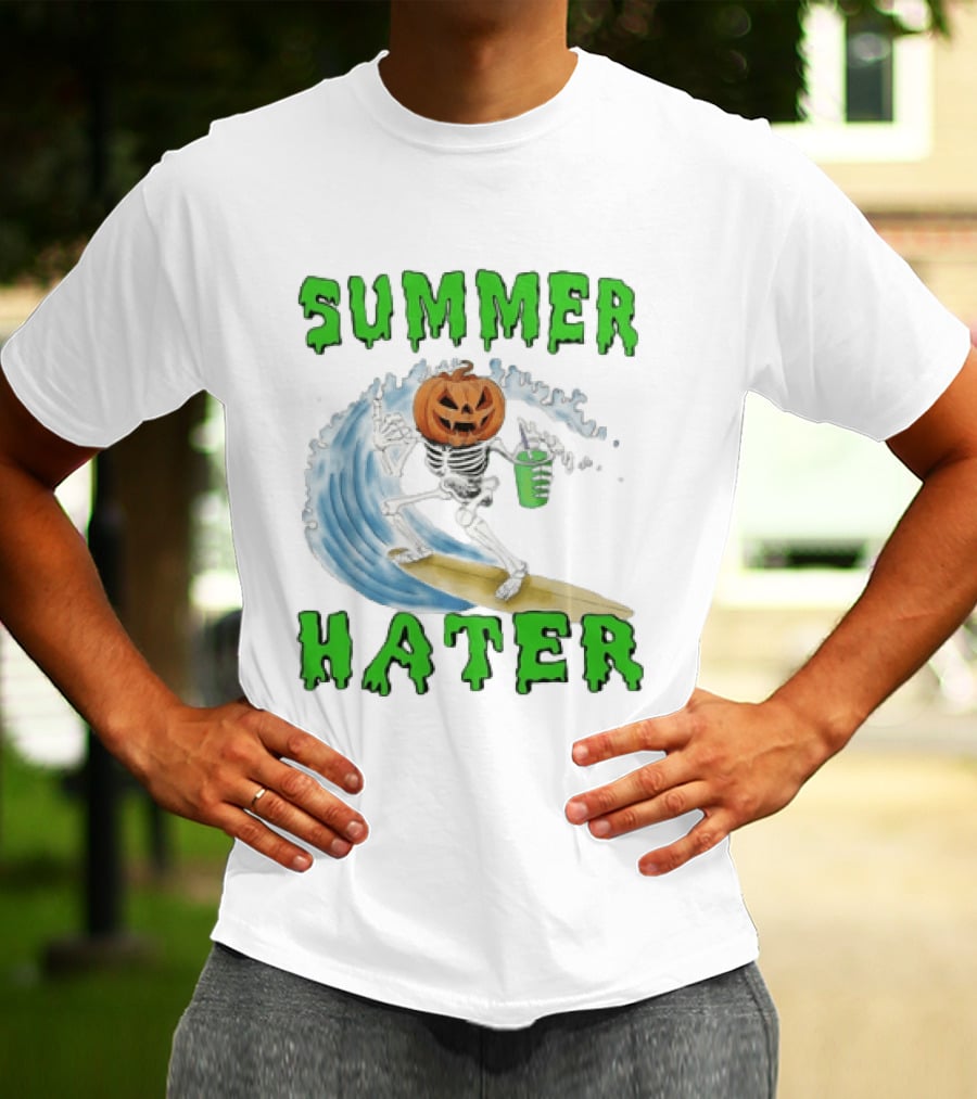 Skeleton With Pumpkin Head Surfing Wave Summer Hater T-Shirt