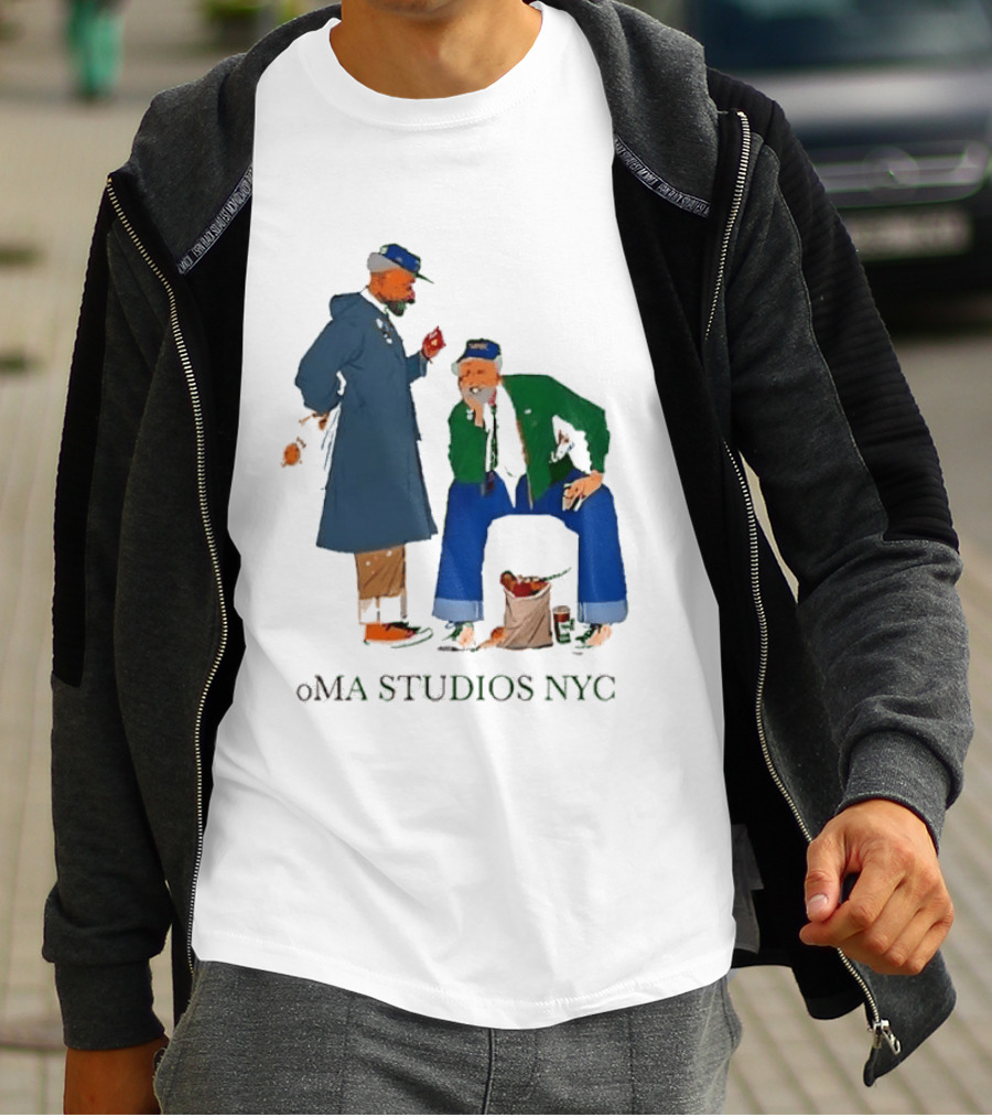 OMA Studios NYC Old Men Friends Talking Together In The Street Casual Street Scene T-Shirt