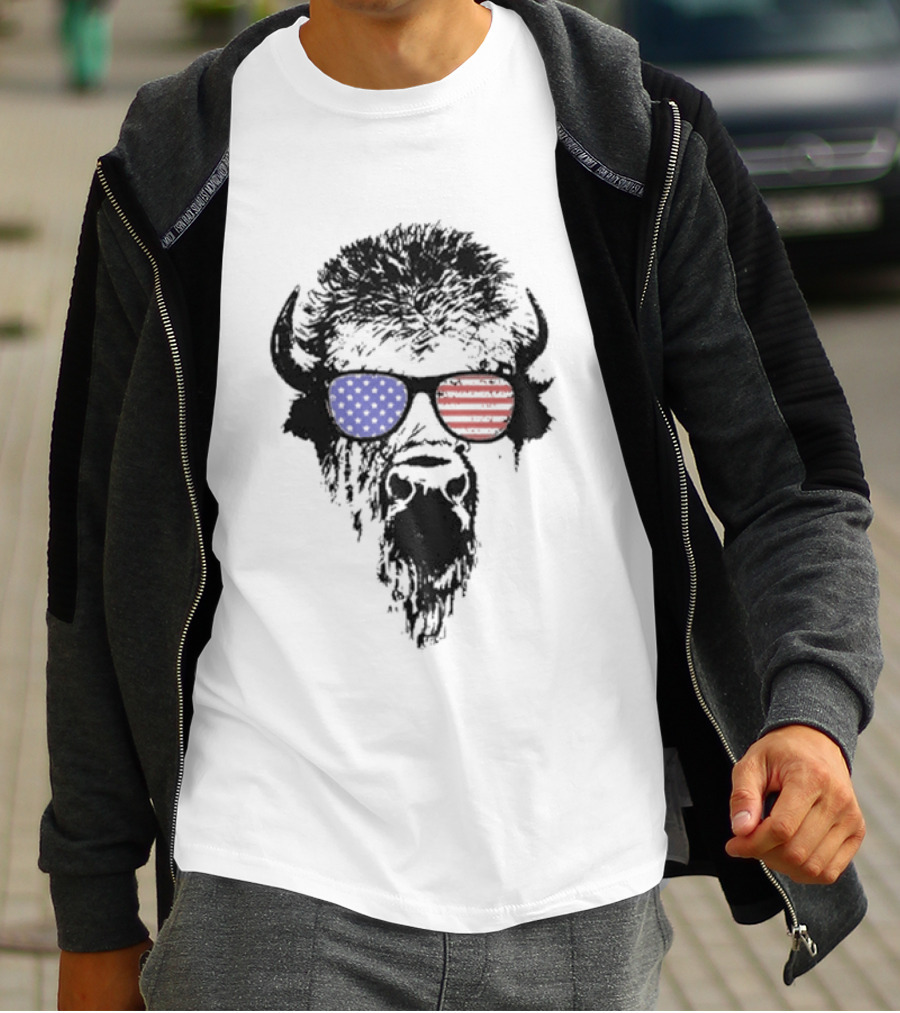 Patriotic Buffalo With USA Flag Red White Blue Sunglasses T-Shirt