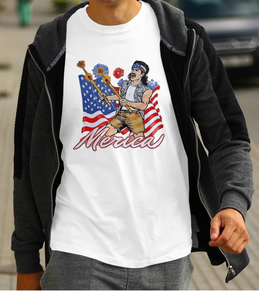 Patriotic Merica Man With Fireworks And American Flag T-Shirt