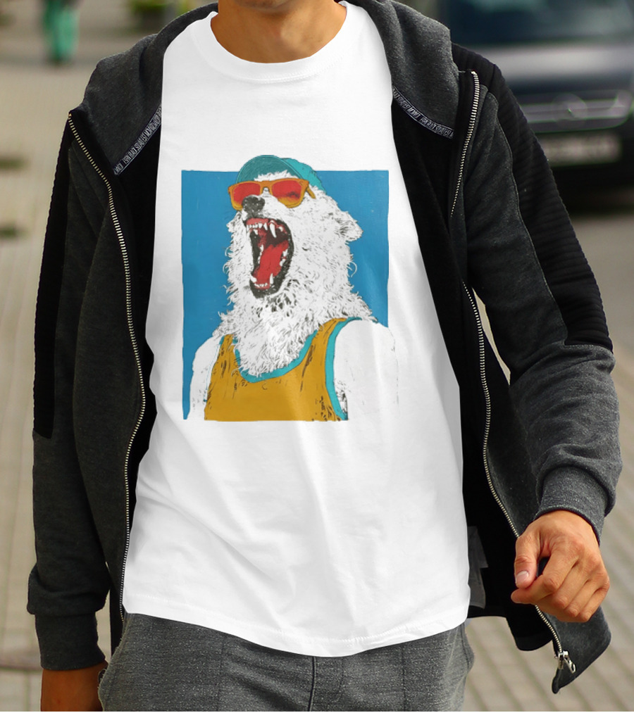 Polar Bear Wearing Sunglasses And Cap In Yellow Roaring T-Shirt