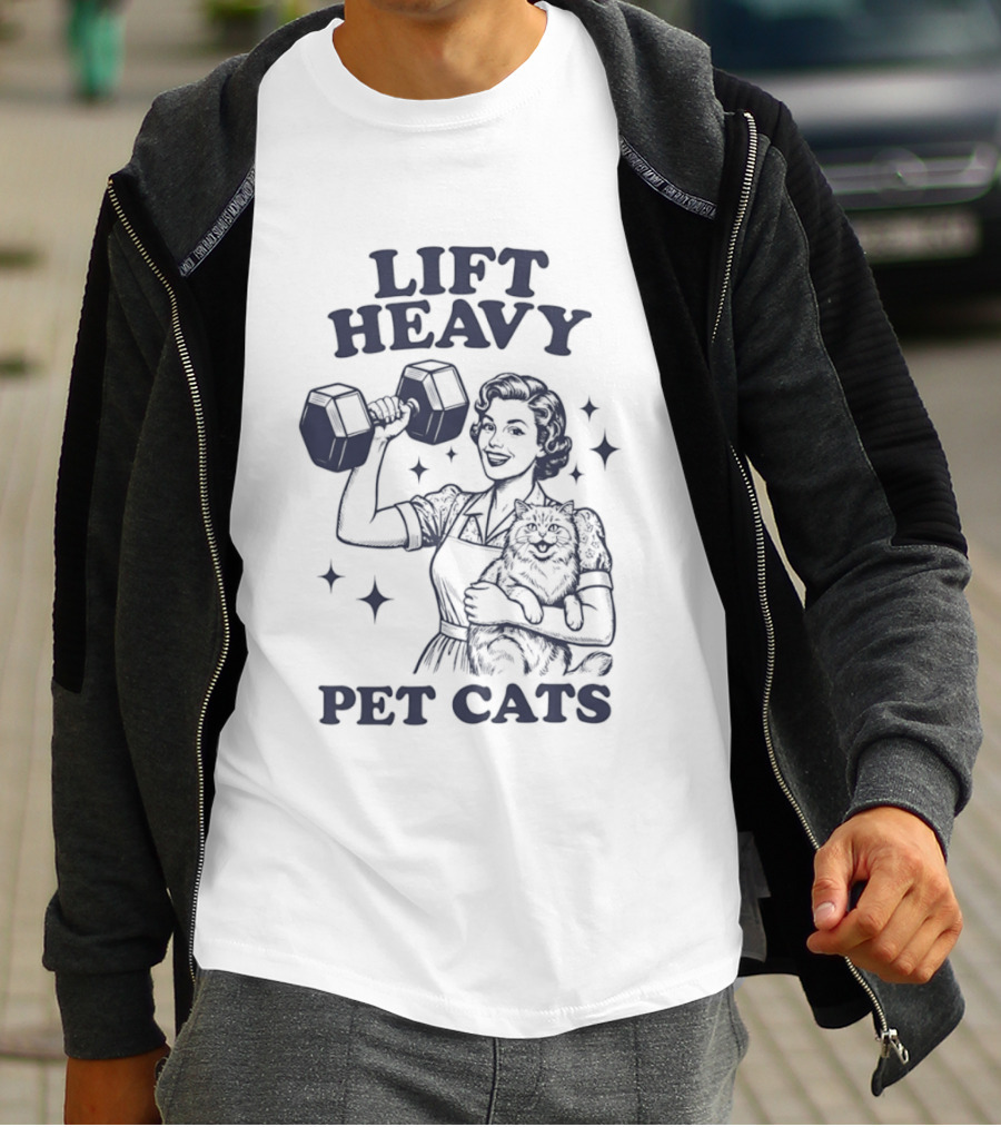 Lift Heavy Pet Cats Strong Woman Fitness Workout Retro Dumbbell T-Shirt