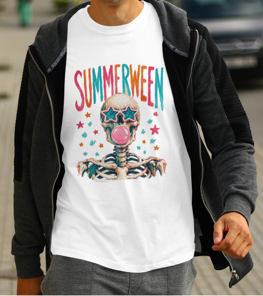 Summerween Skeleton Bubblegum Skull With Star Sunglasses T-Shirt