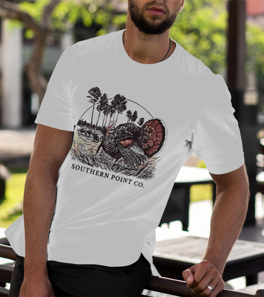 Southern Point Co. Turkey Strutting In The Field With Pine Trees And Horizon Scene T-Shirt