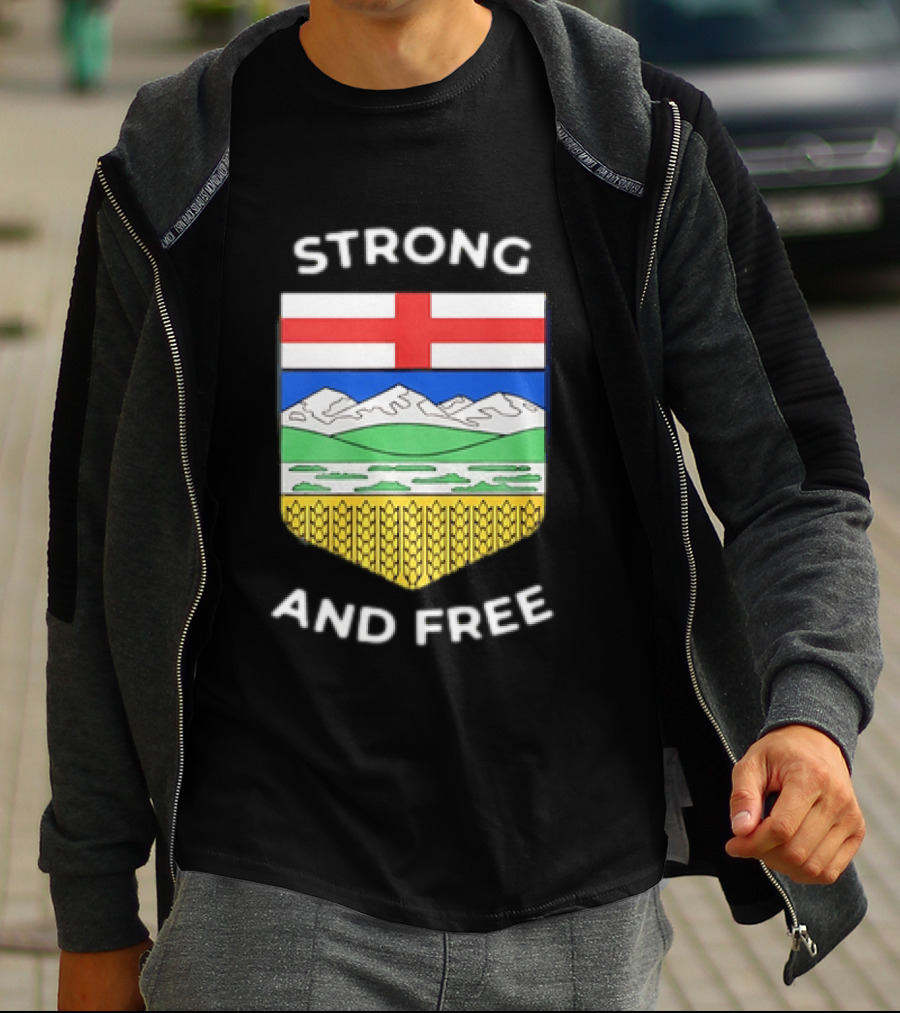 Alberta Canada Map Flag Strong And Free Crest And Wheat Sheaves T-Shirt
