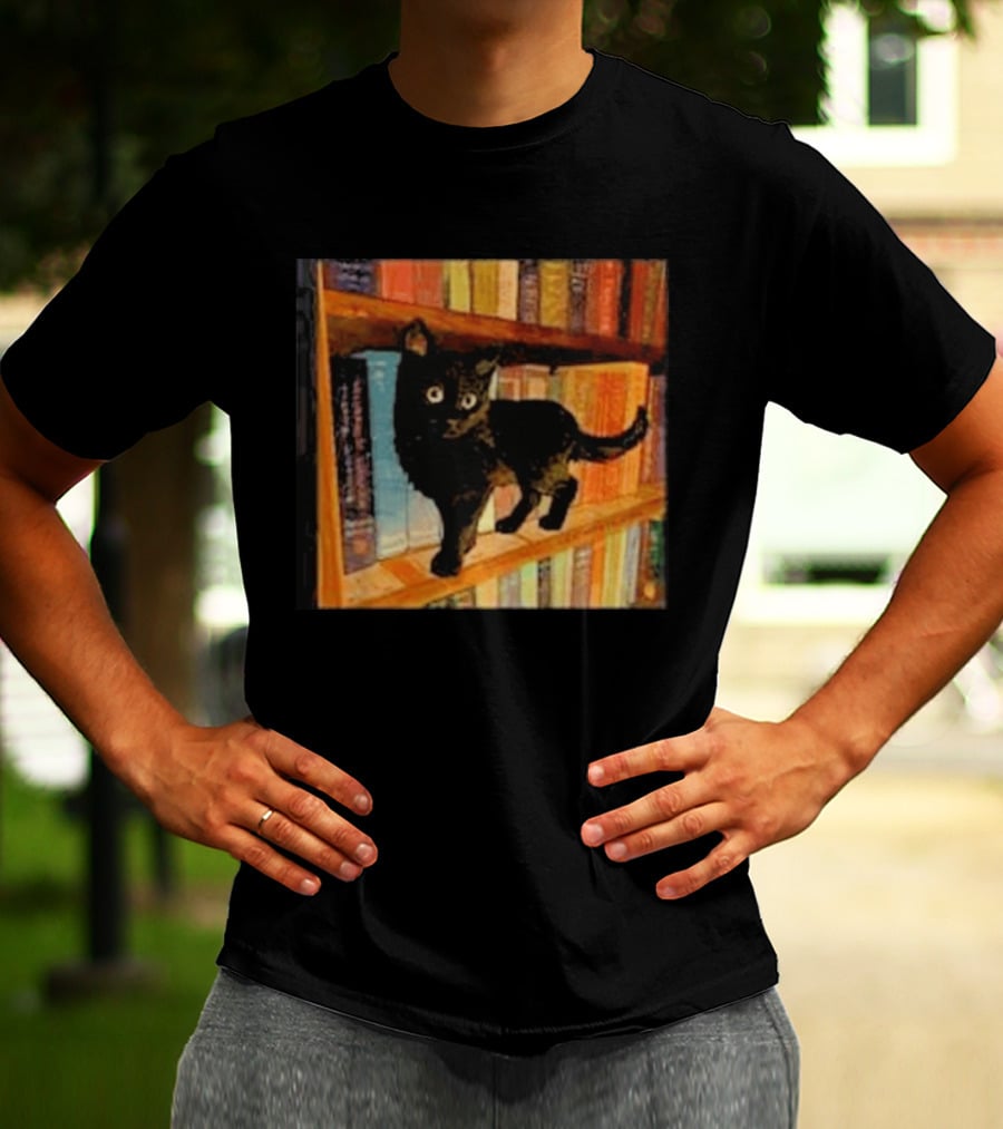 Black Cat On Bookshelf With Colorful Books T-Shirt
