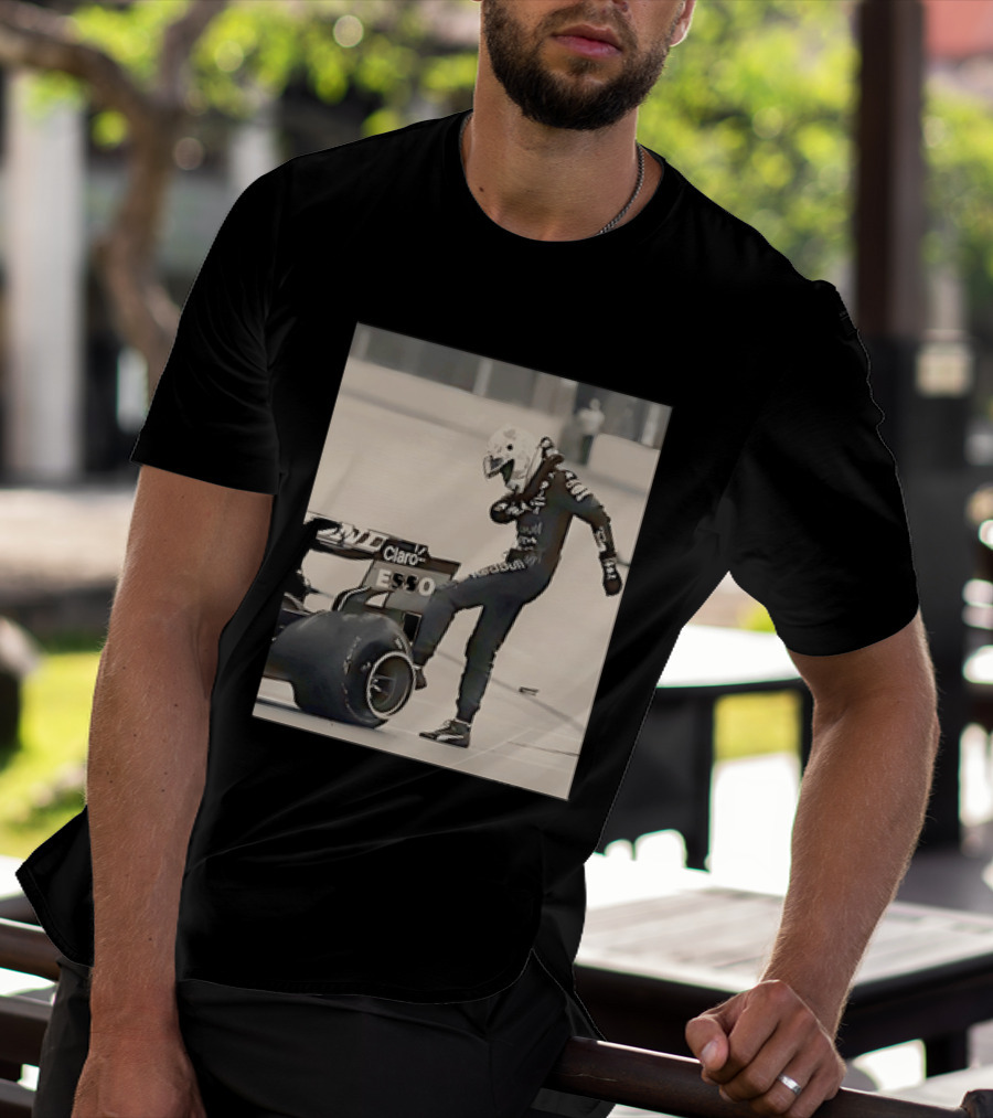 Max Verstappen Kicks Racing Tire Trackside In Racing Suit T-Shirt