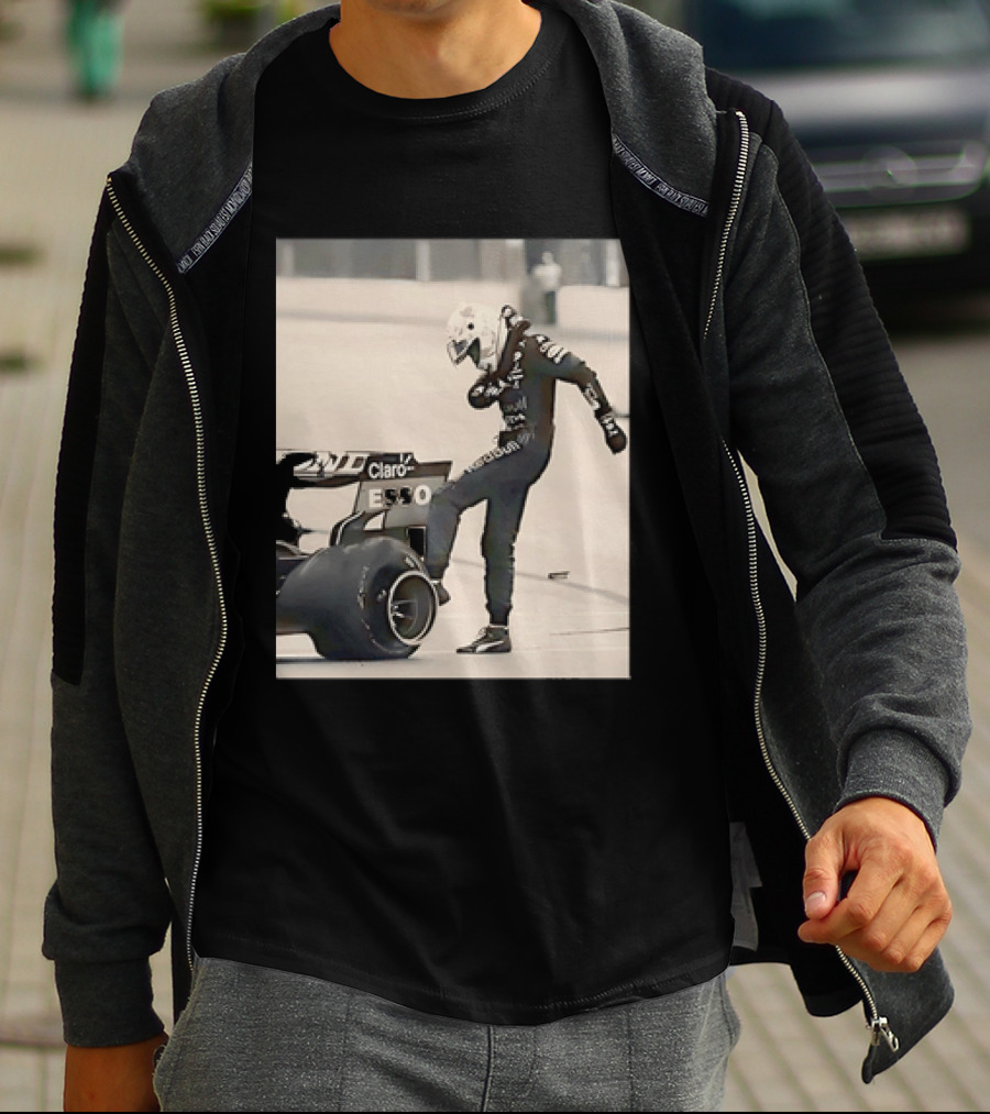 Max Verstappen Kicks Racing Tire Trackside In Racing Suit T-Shirt