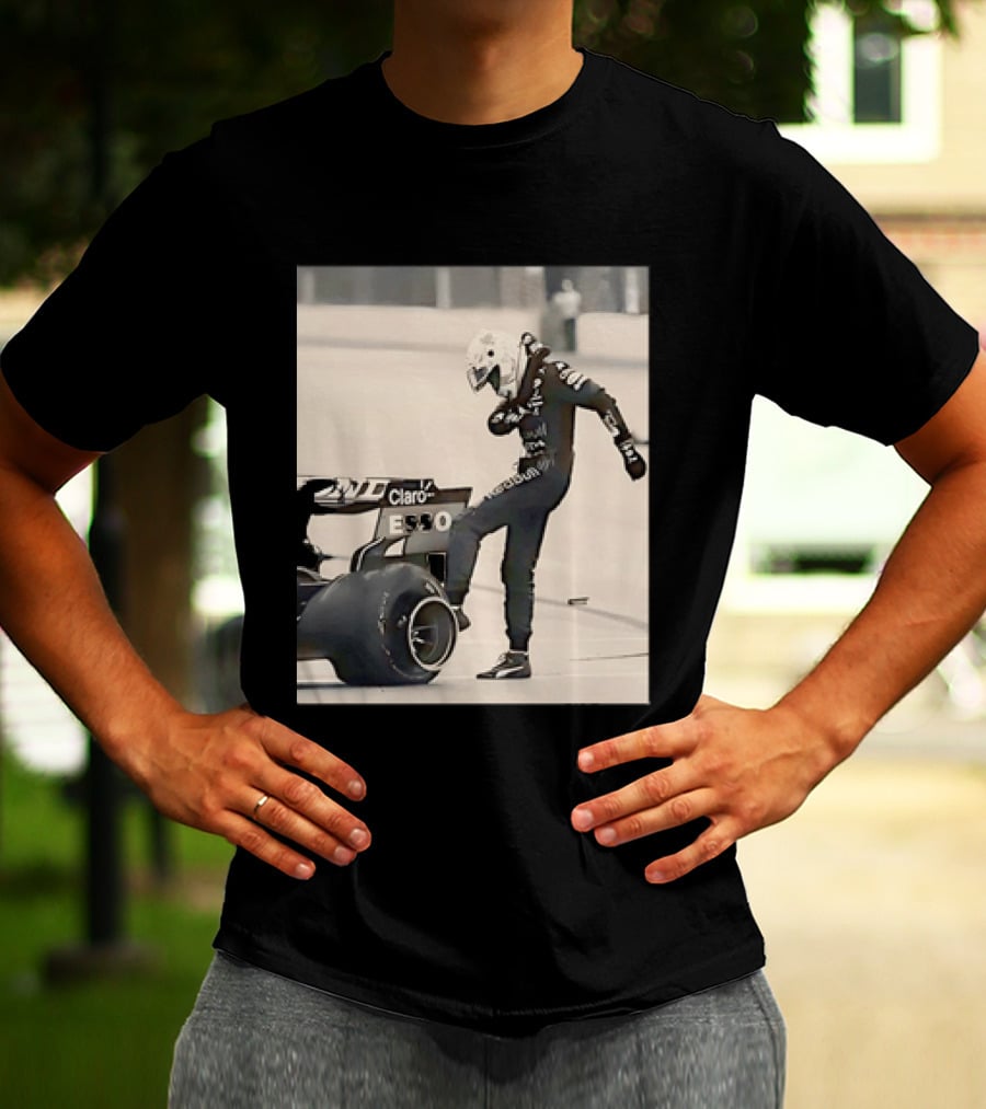 Max Verstappen Kicks Racing Tire Trackside In Racing Suit T-Shirt